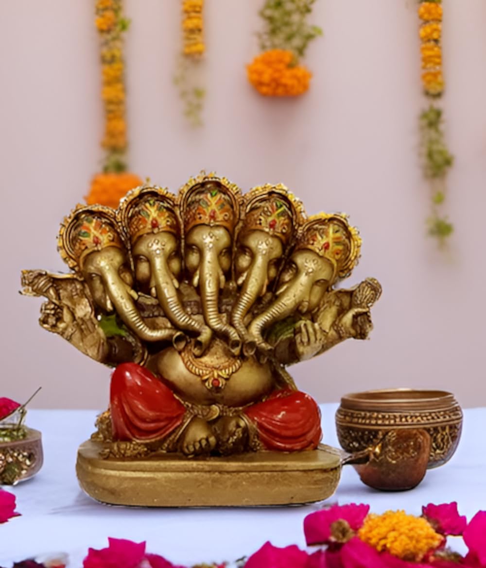 Purpledip Stone Finish Idol Panchmukhi Ganesha: Painted Resin Statue for Home Temple (12374)