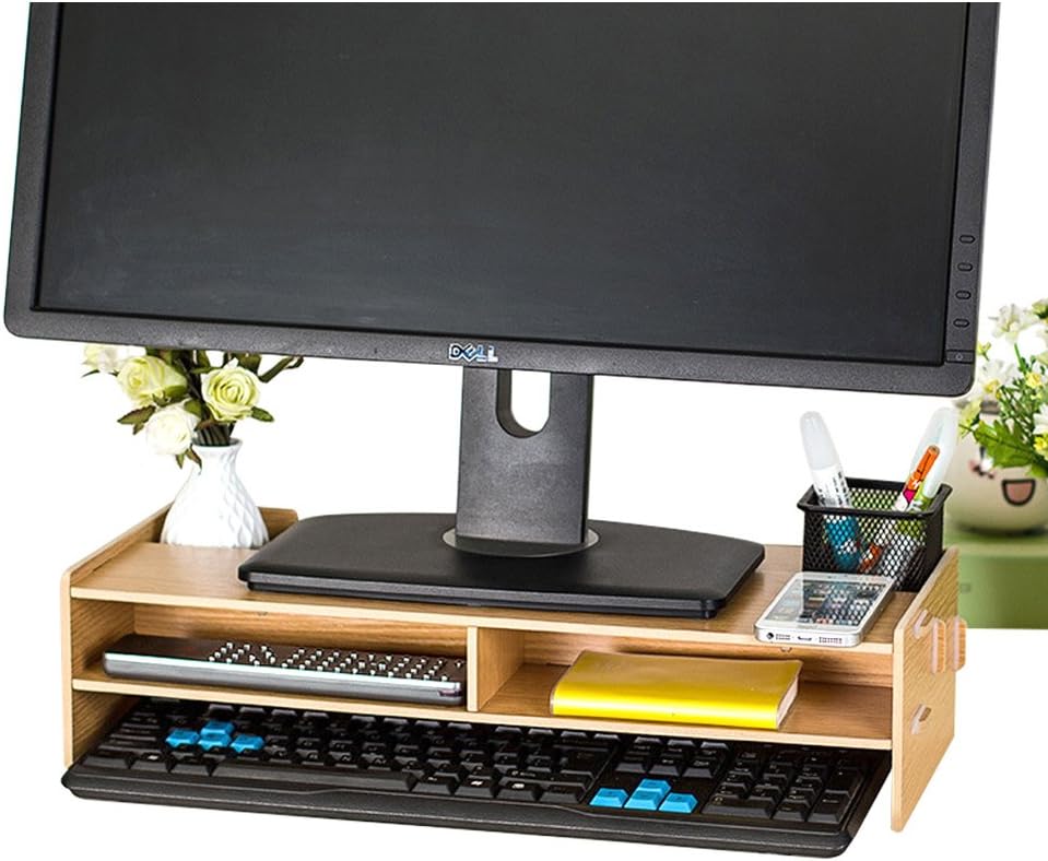 TourKing Wooden Monitor Stand, DIY Desktop Organizer with 4 Compartments for Home Office Supplies and Storage Space for Keyboard, Screen Riser for Computer/Laptop/TV