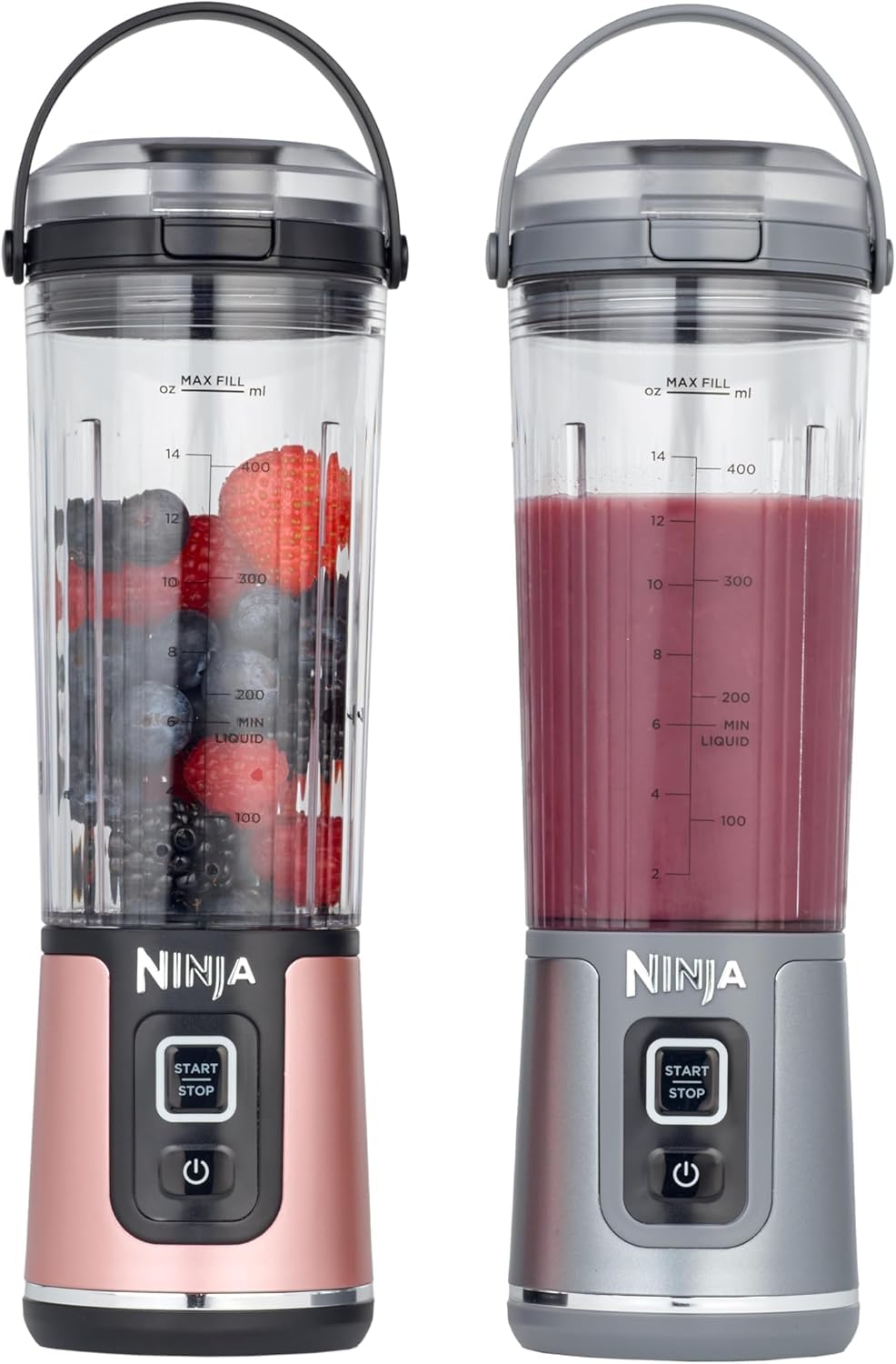Ninja Blast kabelloser Mini-Mixer, 530 ml, 2er-Pack, auslaufsicherer Trinkdeckel, wiederaufladbar, Smoothies & Proteinshakes für unterwegs, mixt Eis & gefrorenes Obst, Roségold & Silber, BC151UKEUGV