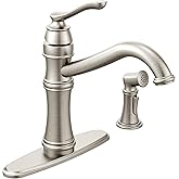 Moen Belfield Spot Resist Stainless Traditional One Handle High Arc Kitchen Faucet with Side Spray and Optional Deckplate Included, 7245SRS