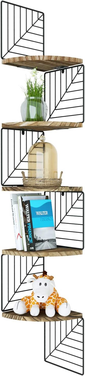 Love-KANKEI Corner Shelf Wall Mount of 5 Tier Rustic Wood Floating Shelves Wall Shelves for Bedroom Living Room Bathroom Kitchen Office and More Carbonized Black