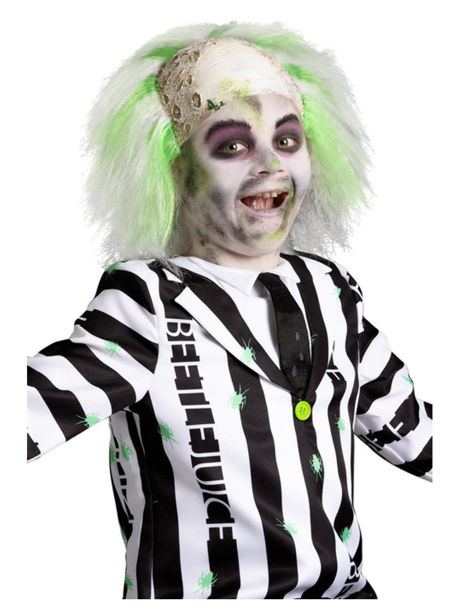 Smiffys Beetlejuice Wig for Childrens with Latex Bald Head White and Green Official Warner Brothers Licensed Wig Attached Bald Cap Perfect for Matching Family Beetlejuice Costumes