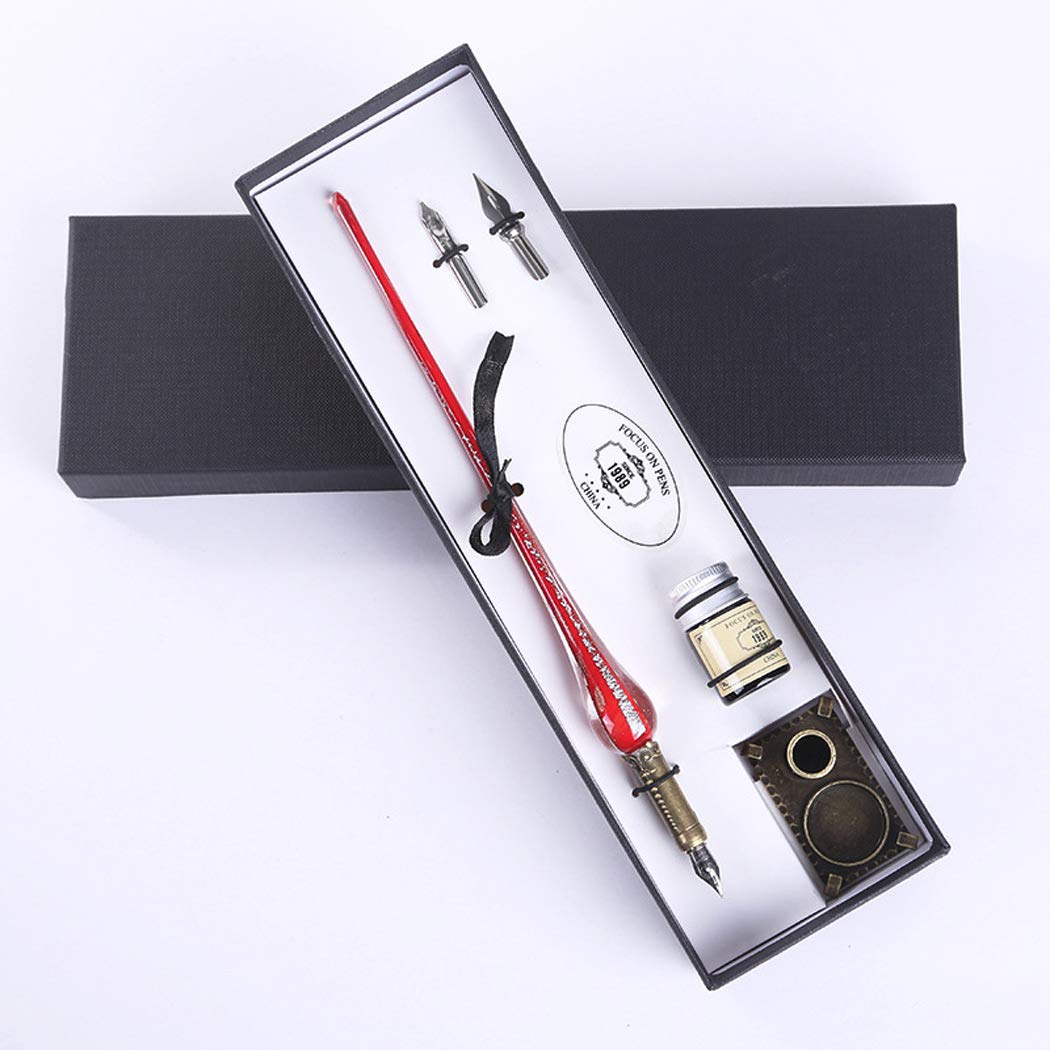 SIPLIV Handmade Crystal Glass Dip Pen Fountain Pen Kit Vintage Calligraphy Signatures Pen Art Decoration Set, Red