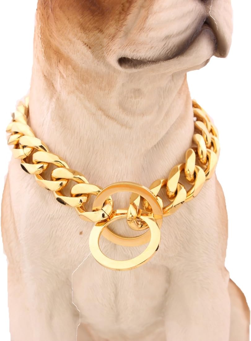 MCSAYS 15mm Wide Hip Hop Gold Tone Cut Curb Cuban Link 316L Stainless Steel Dog Choke Chain Collar 20-34" (24 inch)