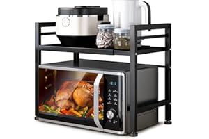 DOLALIKE Microwave Oven Rack, Expandable Microwave Stand Countertop Kitchen Utensils Tableware Storage, Carbon Steel Over Microwave Shelf Countertop with 3 Hooks