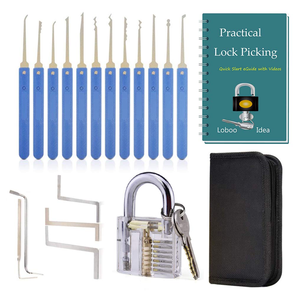 Loboo Idea 17-Piece Lock Picking Tools with Clear Practice and Training Lock for Lockpicking, Extractor Tool for Beginner and Pro Locksmiths (A, Blue)
