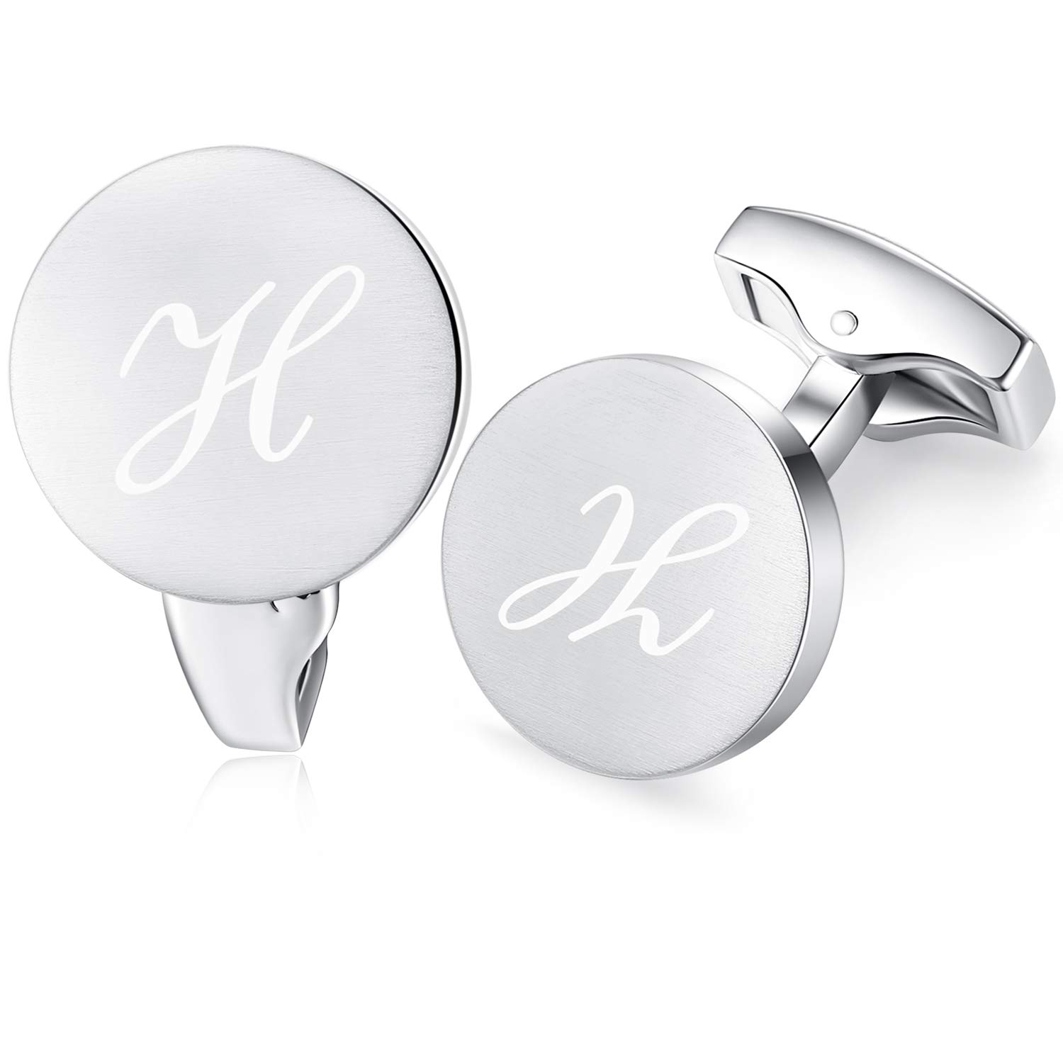 Honey Bear Initial Alphabet Letter Cufflinks for Men, Silver Round Shape Stainless Steel Wedding Business Gifts A - Z (H)