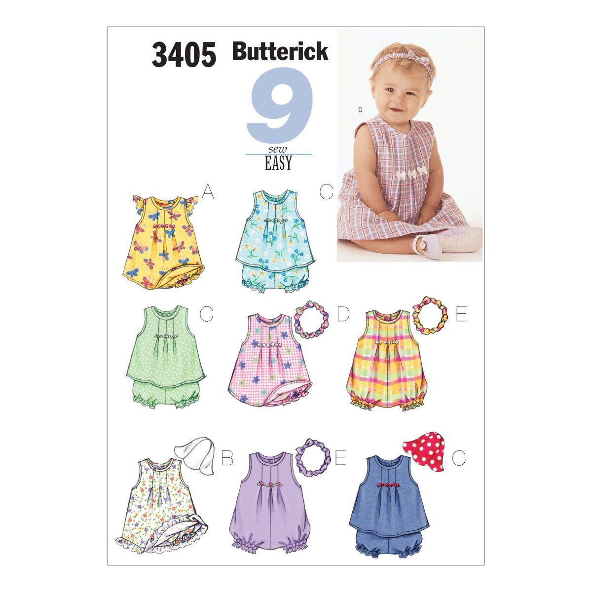Butterick Patterns B3405 Large-XL Infants Dress Top Romper Panties Hat and Headband, Pack of 1, White