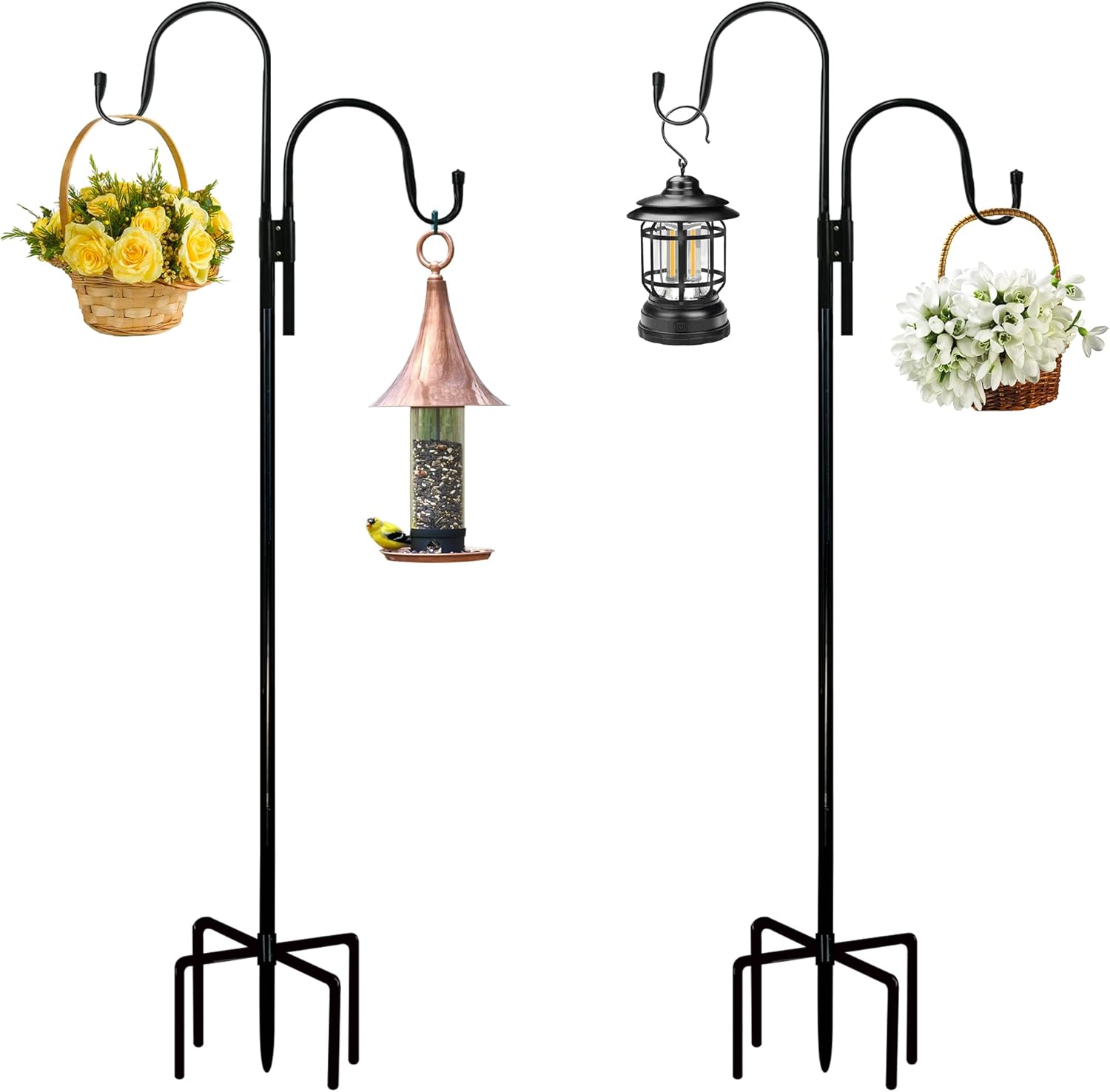 Outdoor Shepherd's Hooks - STARFAMI Double Shepherds Hook for Outdoor with 5 Prongs Base, Upgraded Adjustable Garden Hanging Stand Plant Holders for Bird Feeder, Plant Baskets, Solar Light Lanterns, Wedding (60 Inch 2pcs)
