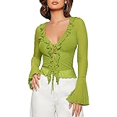 GORGLITTER Women's Bell Sleeve Tie Front Mesh Tops Sheer Cardigan Ruffle Going Out Concert Western Vintage Blouse Shirt