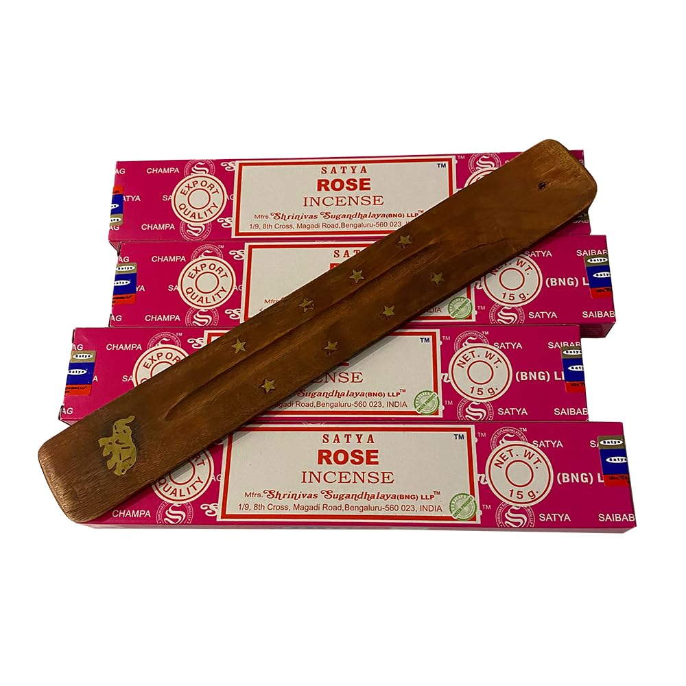 VIE Satya Incense Sticks, 4 Packs x 15g, with Incense Holder, Rose