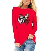 Woffccrd Womens Love Heart Shirts Long Sleeve Valentines Crewneck Casual Plaid Heart Gnomes Graphic Tee Tops