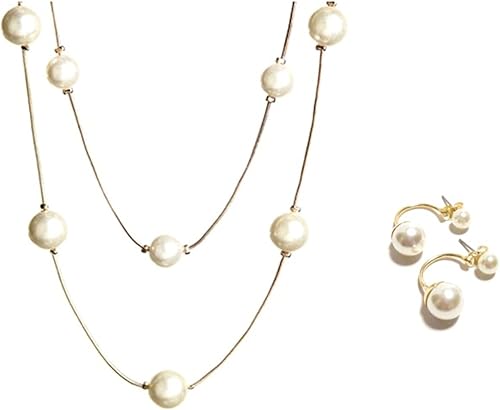 Amazon 2連 パール ロング ビジュー ネックレス アクセサリー カジュアル フォーマル ダブルパール フックピアス とセットで ゴールド カラー ジュエリー 通販
