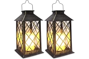 SHYMERY Solar Lantern,Outdoor Garden Hanging Lanterns,2 Pack 14 Inch Lasts 3X Longer 10 lumens Waterproof LED Flickering Flameless Candle Mission Lights for Table,Outdoor,Party Decorative