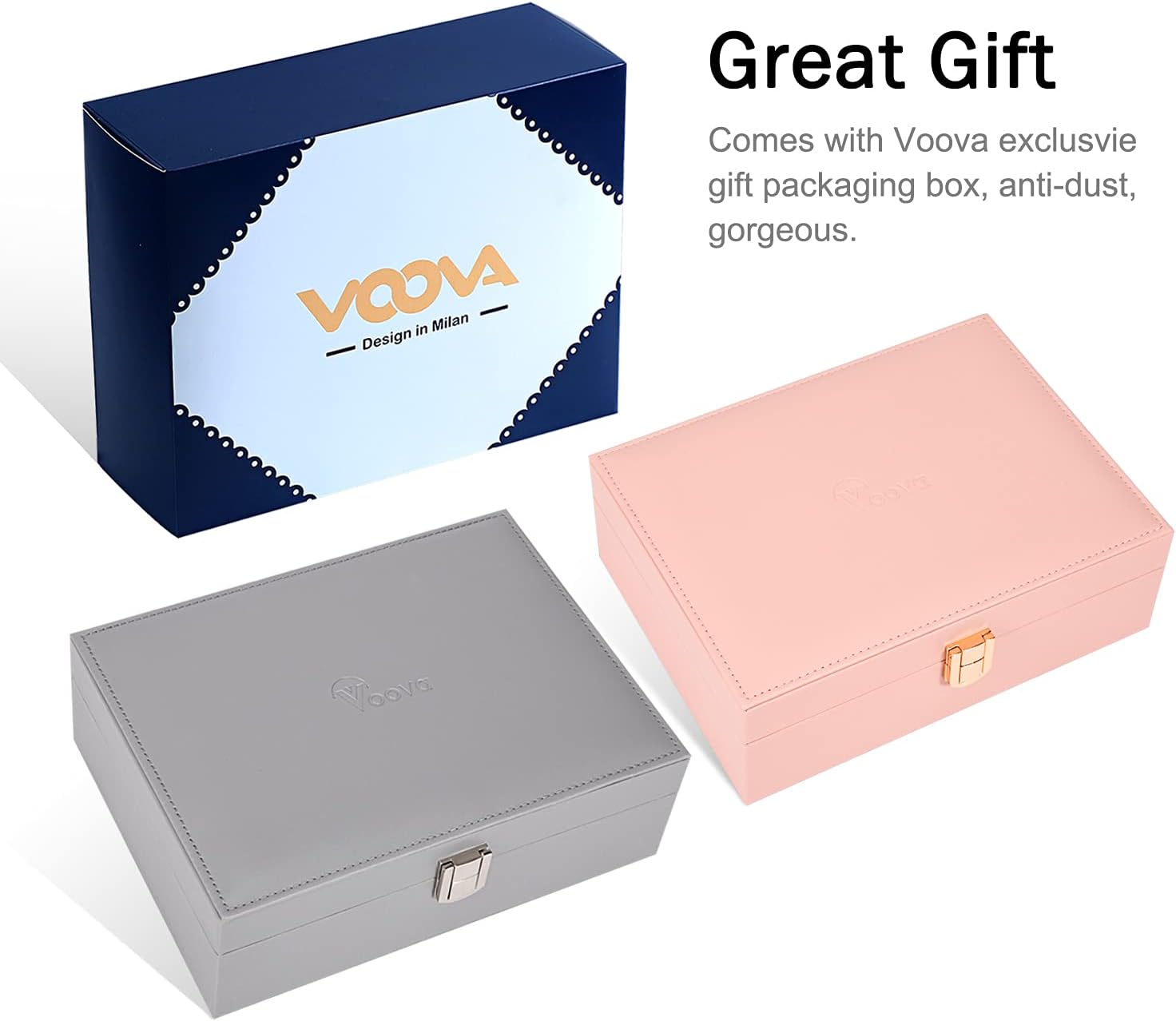 Voova Jewelry Box Organizer for Women Girls, 2 Layer Large Men Jewelry Storage Case, PU Leather Display Jewel Holder with Removable Tray for Necklace Earrings Rings Bracelets, Vintage Gift, Grey: Home & Kitchen