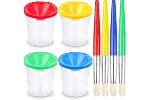 MOYBMG 4 Piece Children's No Spill Paint Cups with Colored Lids and 4 Piece Large Round Brush Set with Plastic Handles，Toddler Anti-Spill Paint Cup and Brush Set