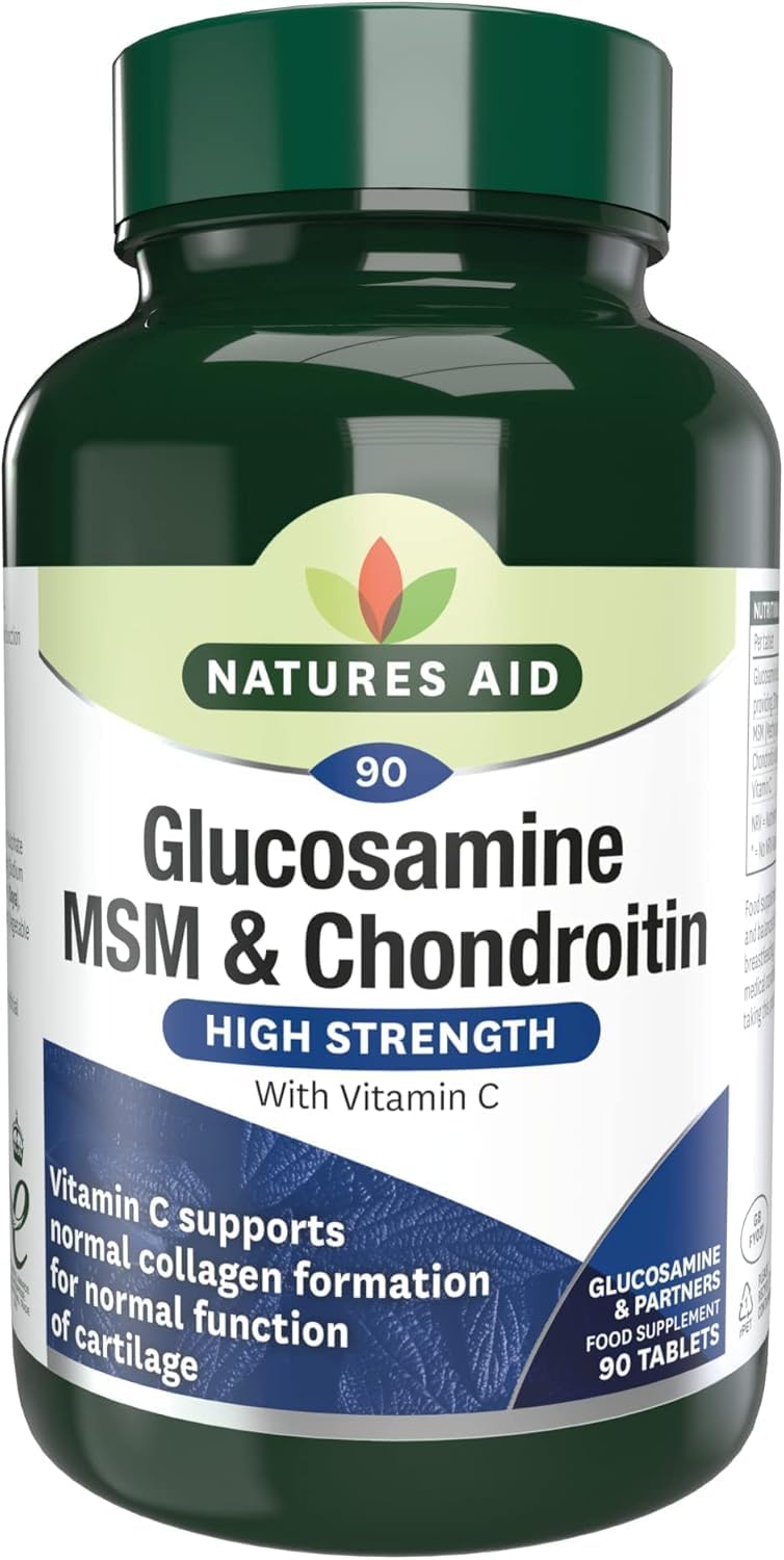Natures Aid Glucosamine MSM & Chondroitin with Vitamin C - High Strength Joint Support - Mobility & Cartilage Health, Collagen Formation - Non-GMO, Gluten-Free Supplement - 90 Tablets