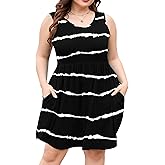 AusLook Plus Size Summer Sleeveless Dress for Women Casual Crewneck Pleated Babydoll Swing Tank Sundresses with Pockets 1X-5X