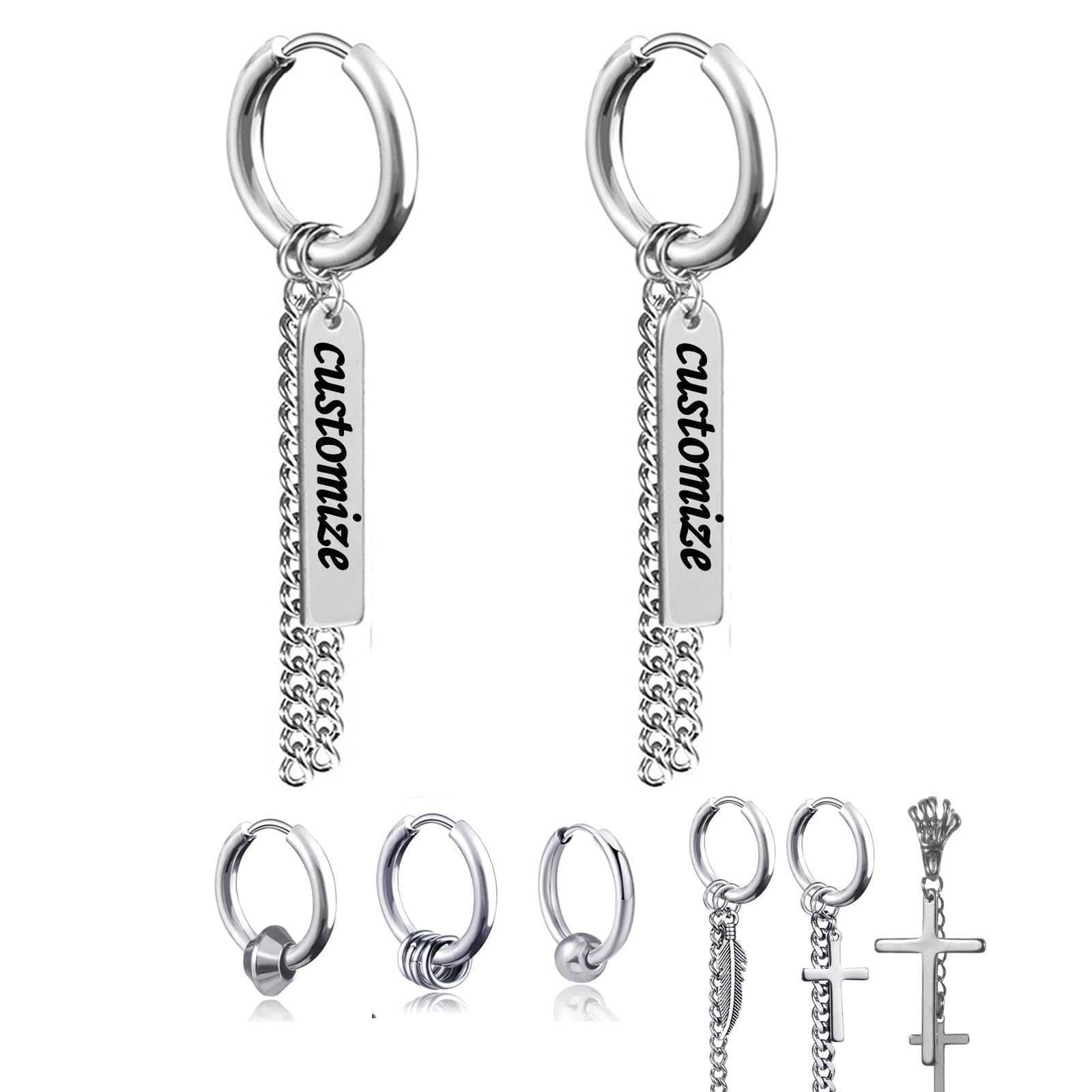 Customize Hoop Earrings with Text Engraved with Feather Chain Pendant Cross Dangle Piercing Earrings for Men Women Kpop Earrings Huggie Hoops