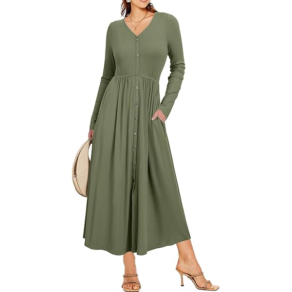 Glamaker Womens Long Sleeve Dress Casual Knit V Neck Tiered