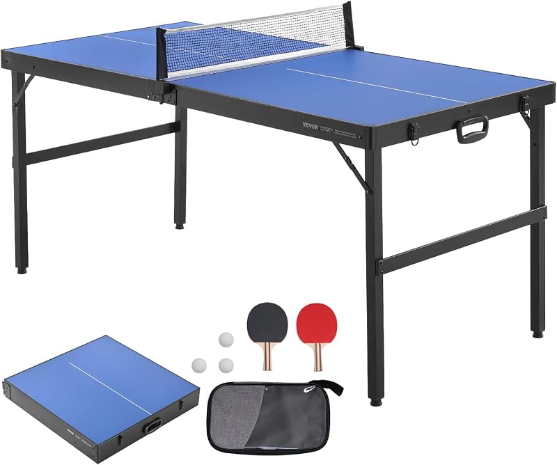 Tavolo da Ping Pong, Taglia Media, Set da Tavolo da Ping Pong Completo Portatile Pieghevole per Interni, con Rete, 2 Racchette, 3 Palline, Borsa per Trasporto, Maniglia (Non Richiede Montaggio)