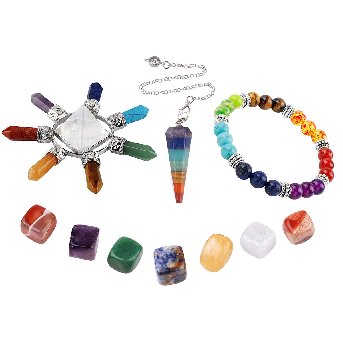 rockcloud Healing Crystals Gift Kit in Gift Box - 7 Chakra Set Tumbled Stones, Rock Quartz Energy Generator, Chara Bracelet & Pendulum for Meditation