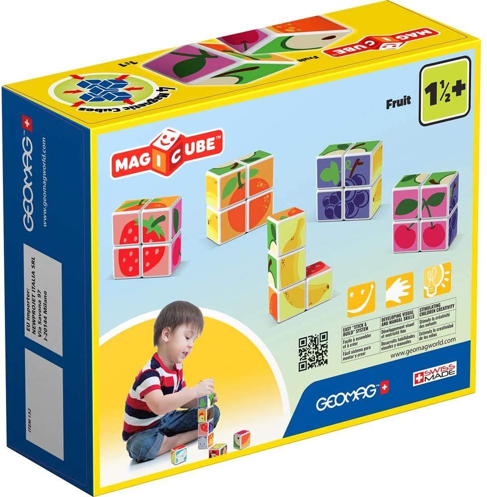 Geomag MagiCube Fruit 4-Piece Magnetic Cubes Building Set, Toddlers & Kids Ages 1.5+, STEM-Endorsed Educational Toy, Swiss-Made, Creativity & Early Learning Fun, 6 Adorable Building Ideas