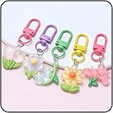 JWIGP Flower Keychain Set,Cute Acrylic Daisy Tulip Butterfly Charms with Colorful Clips, Aesthetic Bag Key Gifts for Women