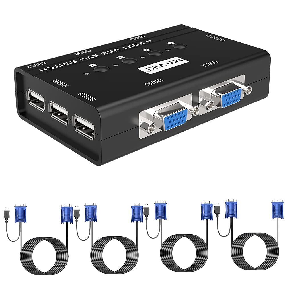 MT-VIKI KVM Switch VGA, 4 Port KVM Switch for 4 Computers Share One Monitor Keyboard Mouse Printer, 3 USB 2.0 Hub, Included 4 VGA KVM Cables