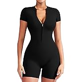 YEOREO Women Short Sleeve Workout Jumpsuit Zip Up Romper Bottom Shorts Bodysuit Bodycon Sexy One Piece