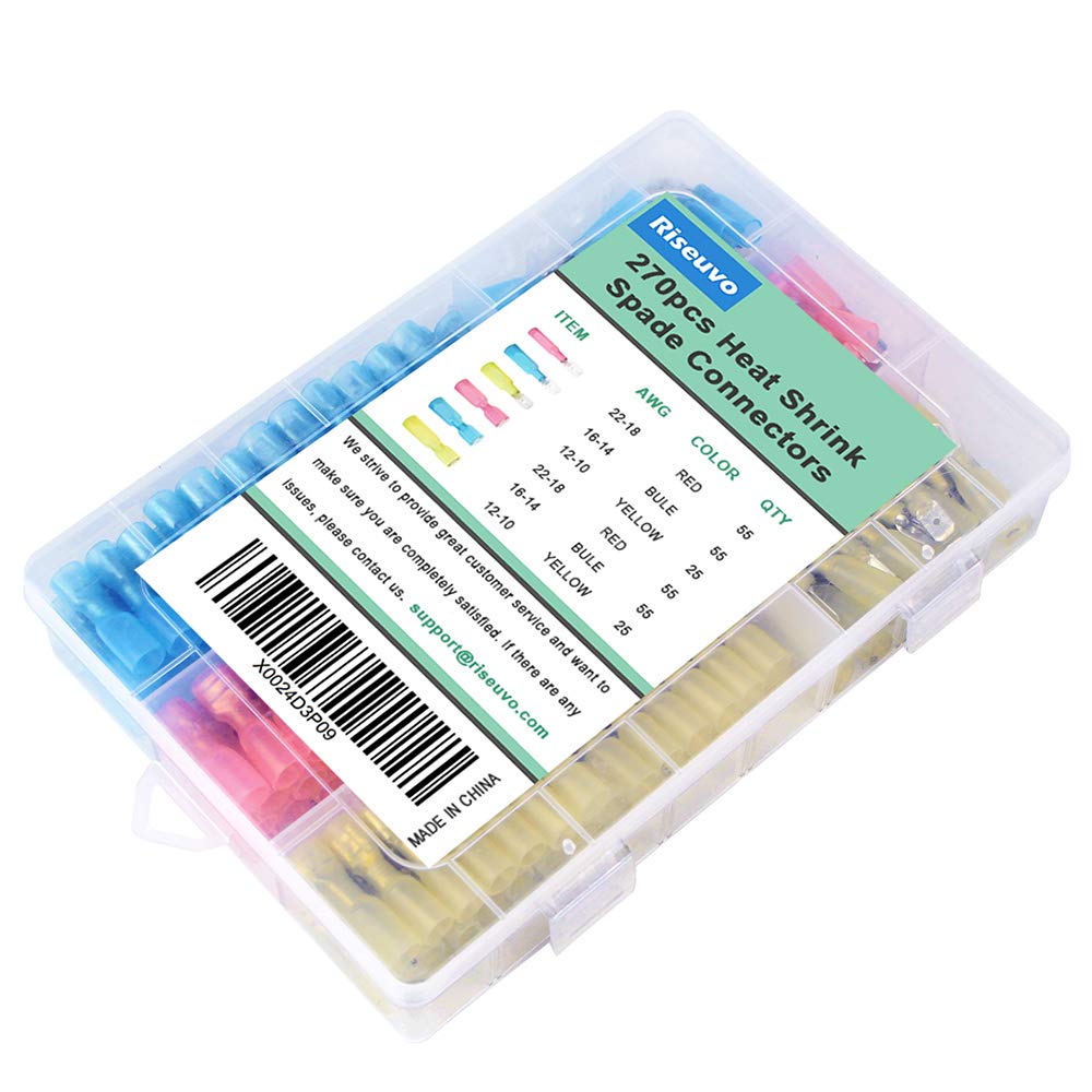 270pcs Heat Shrink Spade Connectors - Wire Spade Connectors, Electrical Spade Terminals, Quick Disconnect Crimp Connector Kit by Riseuvo