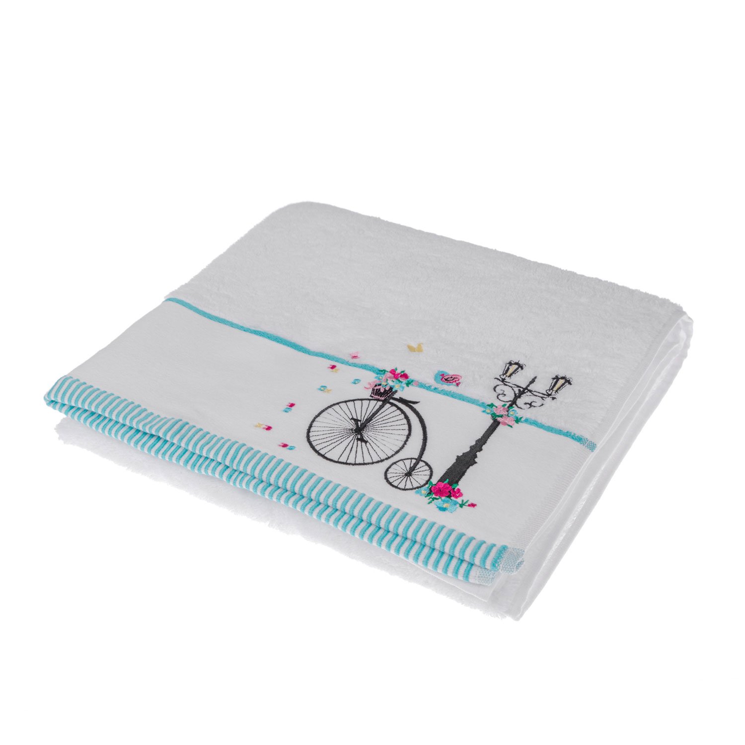 HOMESCAPES 100% Turkish Cotton 'Vintage Bike' White Bath Towel Black Silhouette Bike and Flowers