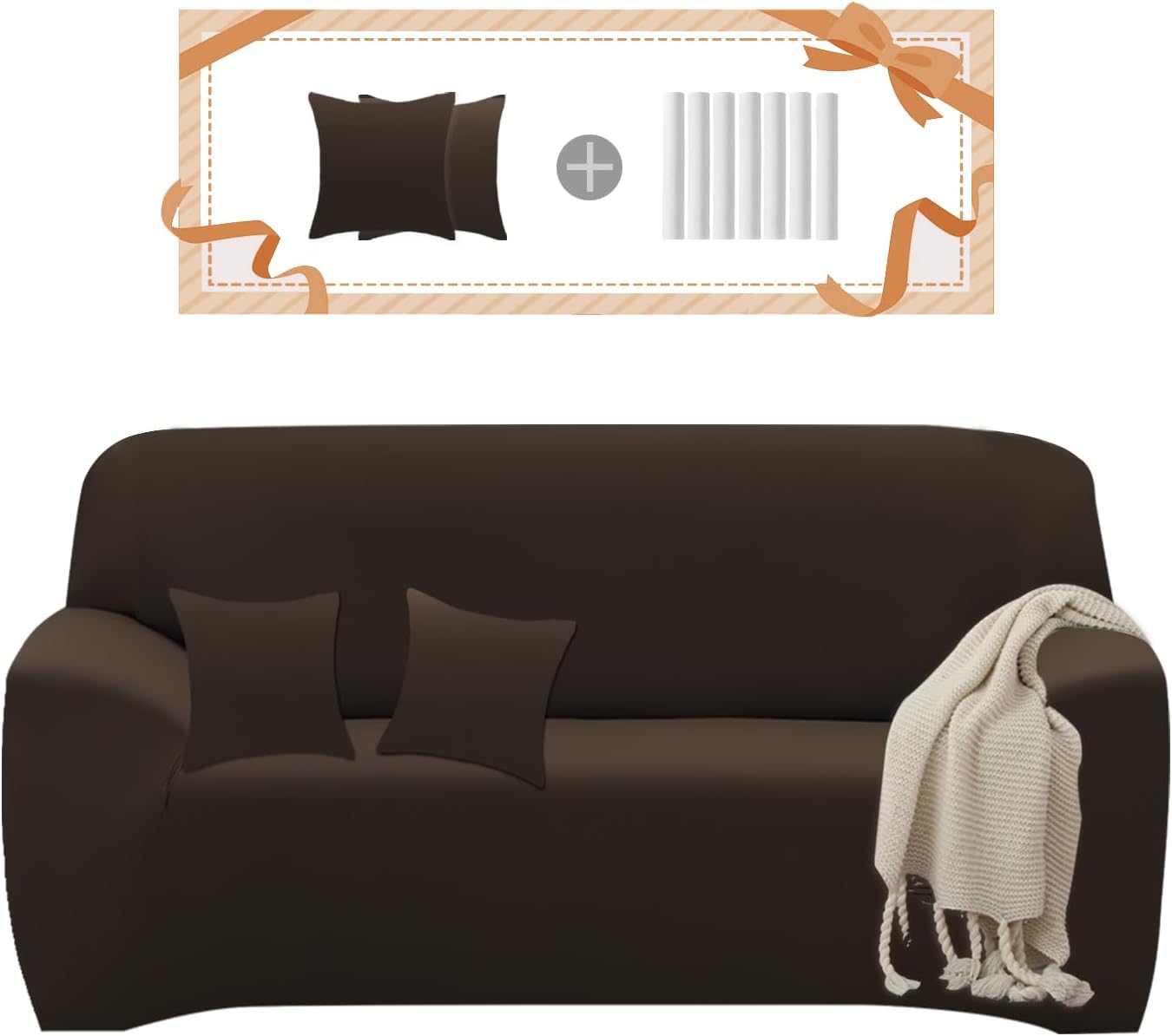 Slipcovers - Miaotto Stretch Sofa Cover 1-Piece Couch Covers for 2 Cushion Sofa Slipcover Pets Dogs Friendly with 2 Pillow Covers Furniture Protector(2 Seaters,Dark Brown)