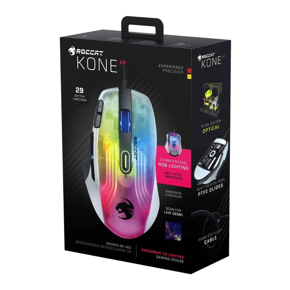 ROCCAT Kone XP PC Gaming Mouse with 3D AIMO RGB Lighting, 19K DPI Optical Sensor, 4D Krystal Scroll Wheel, Multi-Button Design, Wired Computer Mouse - White
