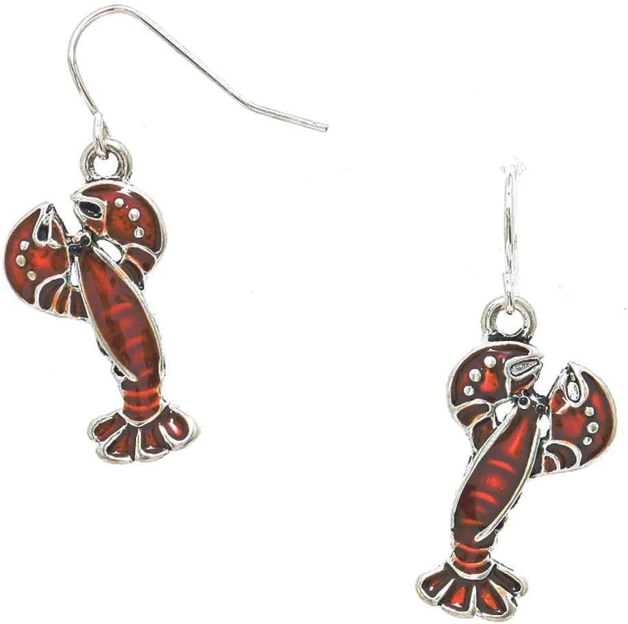 Silver Tone Dark Red Lobster Earrings