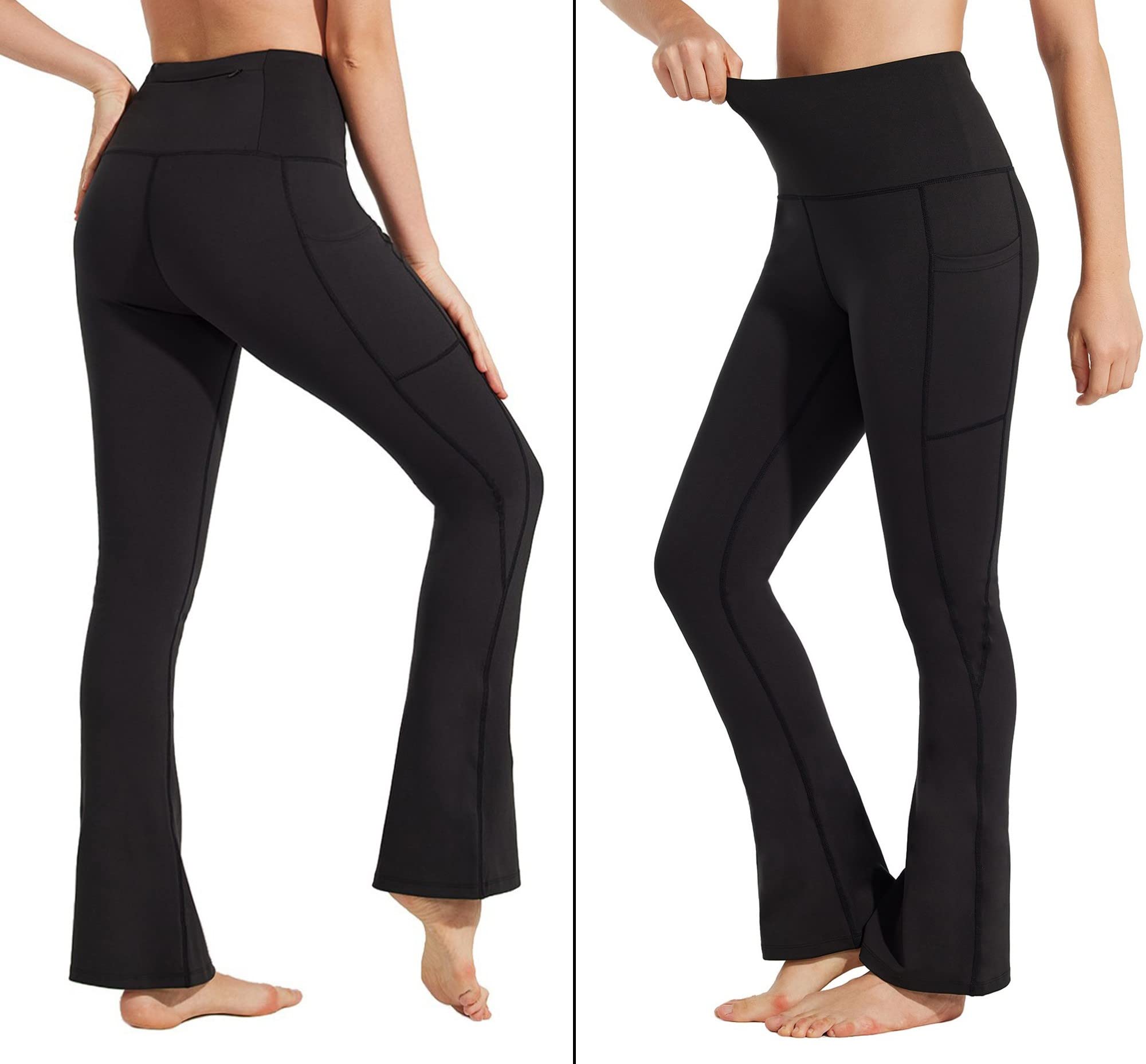 BAYGE Damen Bootcut Yogahose Hohe Taille Wasserdicht Blickdicht Bauchkontrolle Slim Fit Leggings Sporthose Schlaghose Sweathose Fitnesshose mit Taschen, Schwarz, M 2