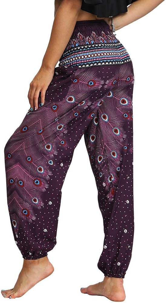 Nuofengkudu Ladies Hippie Baggy Harem Trousers Smocked High Waist Soft Boho Print Colourful Yoga Pants with Pockets Lightweight Flowy Travel Holiday Beachwear (Dark Purple A,One Size) - Image 5