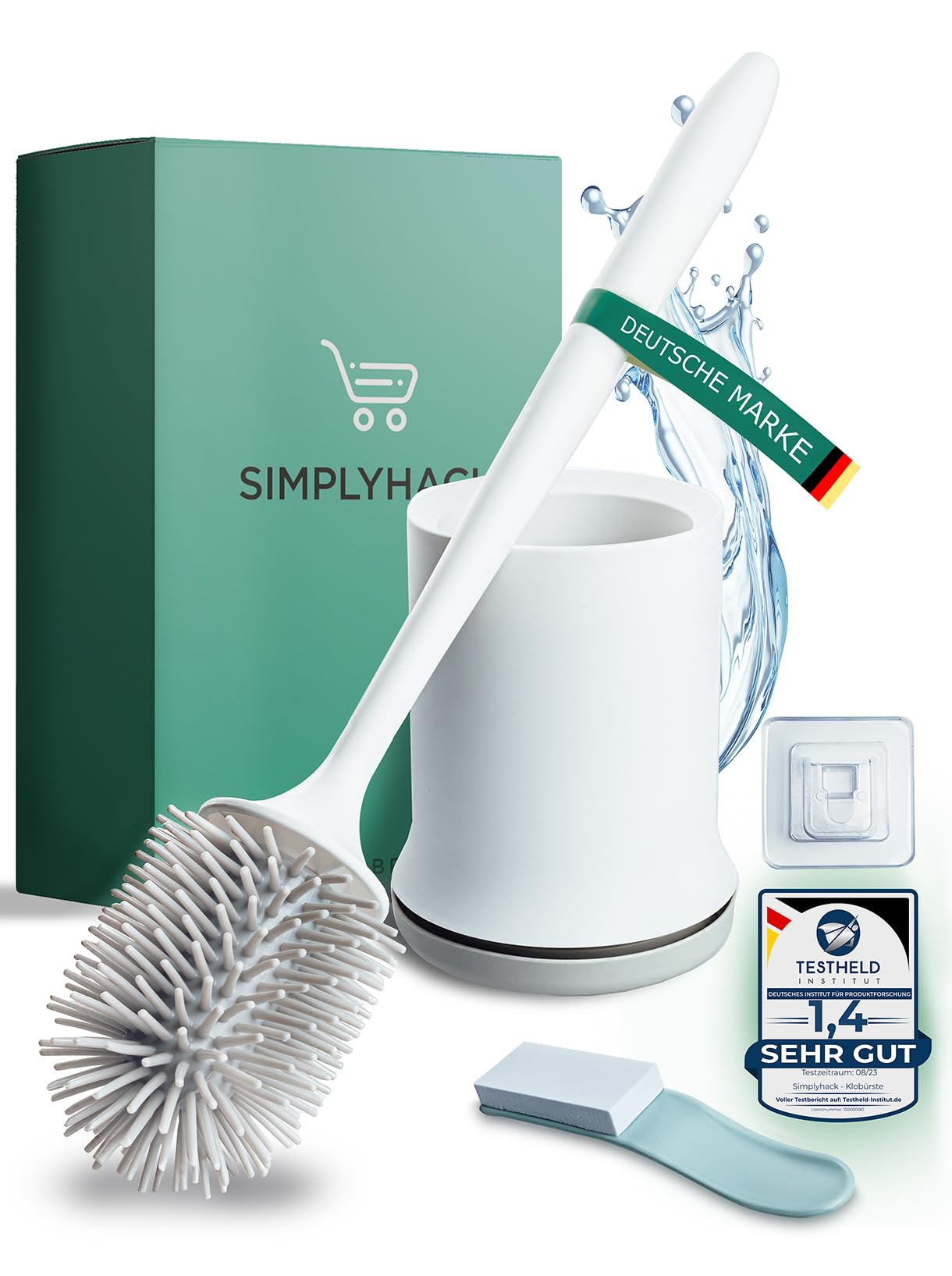 SIMPLYHACK Silicone Toilet Brush - Hygienic & Quick Drying - White - Dirt & Water-Repellent - Includes Toilet Seat Lifter - No Drilling Wall Mounted Holder