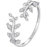 VOROCO Leaf 925 Sterling Silver Ring Adjustable Fashion Sparkling Cubic Zirconia Stackable Ring for Women Jewelry