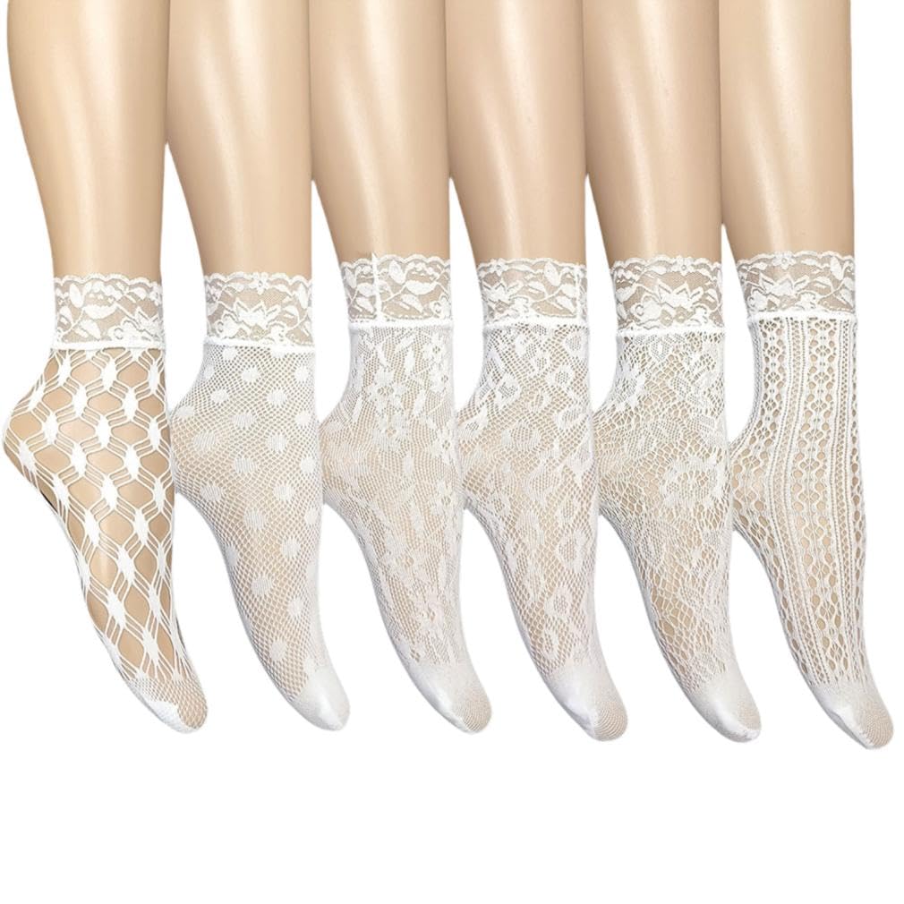 Photo 1 of MarJunSep Lace Ankle Socks for Women Teen Girls Cute Elegent Mesh Fishnet Ankle Crew Socks Sexy Fashion (US, Alpha, One Size, Regular, Regular, Set of 6 Pairs White)