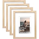 KINLINK 8x10 Picture Frame Natural, Solid Wood Frames with Acrylic Plexiglass for Pictures 4x6/5x7 with Mat or 8x10 without Mat, Tabletop and Wall Display Photo Frame, Set of 4