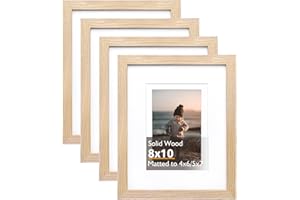 KINLINK 8x10 Picture Frame Natural, Solid Wood Frames with Acrylic Plexiglass for Pictures 4x6/5x7 with Mat or 8x10 without Mat, Tabletop and Wall Display Photo Frame, Set of 4
