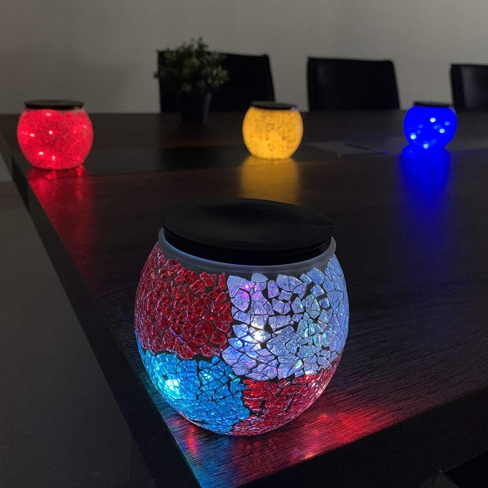 Nurluce 4 Pack Battery Operated Outdoor Tabletop Lanterns 10 LED Outdoor Garden Mosaic Glass Decorative Lanterns Cracked Glass Waterproof Table Lamp Waterproof Mood Lights for Patio Garland Garden - - 