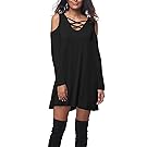 Women's Casual Off Shoulder Cross V-Neck Loose Dresss,Black,XL