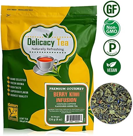 Gourmet Premium Grade All Natural Loose Leaf “Berry Kiwi Infusion” Green Tea Blended with Kiwi, Strawberry and Safflower Petals, Makes 100 Cups of Delicious Tea from iCulinary, 8oz