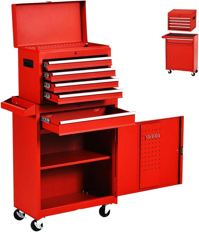 5-Drawer Tool Chest, Rolling Tool box with Sliding Drawers, Tool Storage with 4 Swivel Wheels (2PCS with Brake), Tool Organizers for Garage, Warehouse, Workshop (Red)