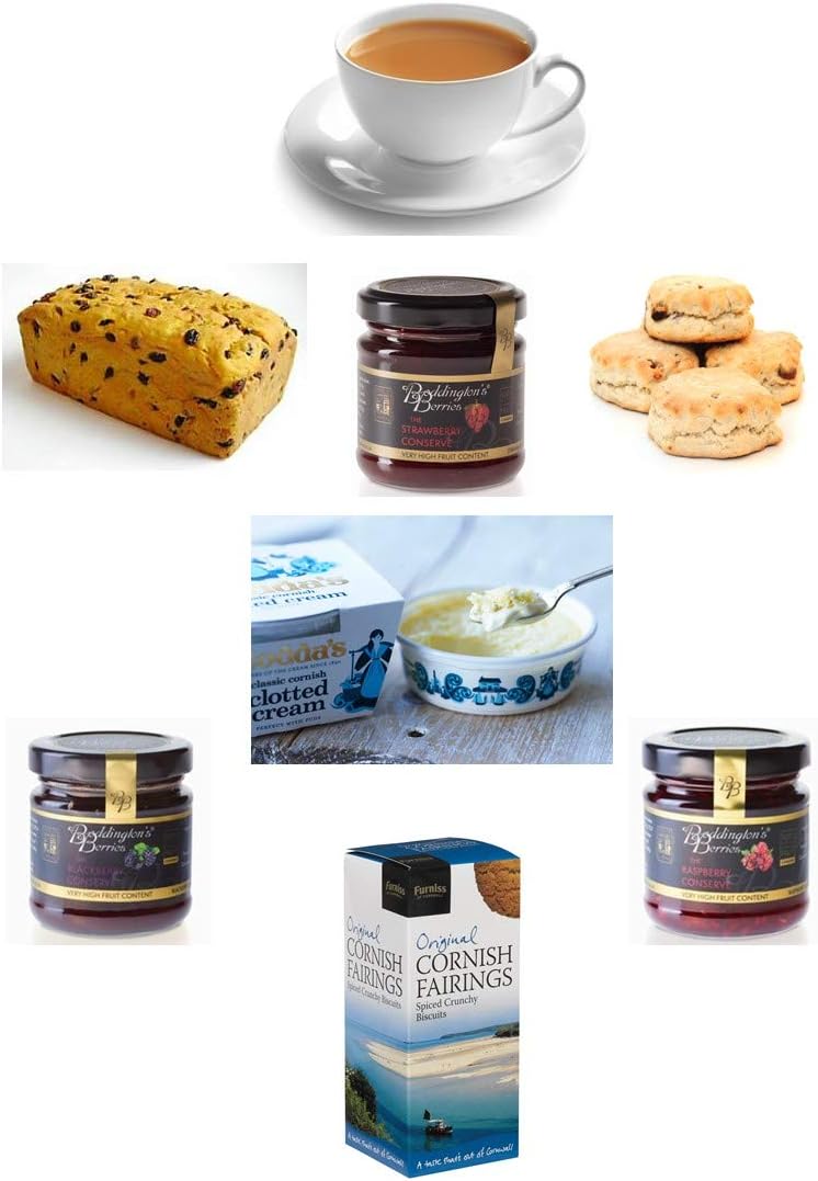 Cornish Cream Tea Ingredients (4) - Scones, Rodda's Cornish Clotted Cream, Strawberry, Raspberry & BlackBerry Conserve, Smugglers Brew Teabags, Saffron Cake & Furniss Fairings - Plain Box
