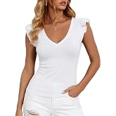 Halife Women's Sexy V Neck Summer Tops Ruffle Sleeve Slim Fit Tee Shirts Sleeveless Going Out Casual Blouses