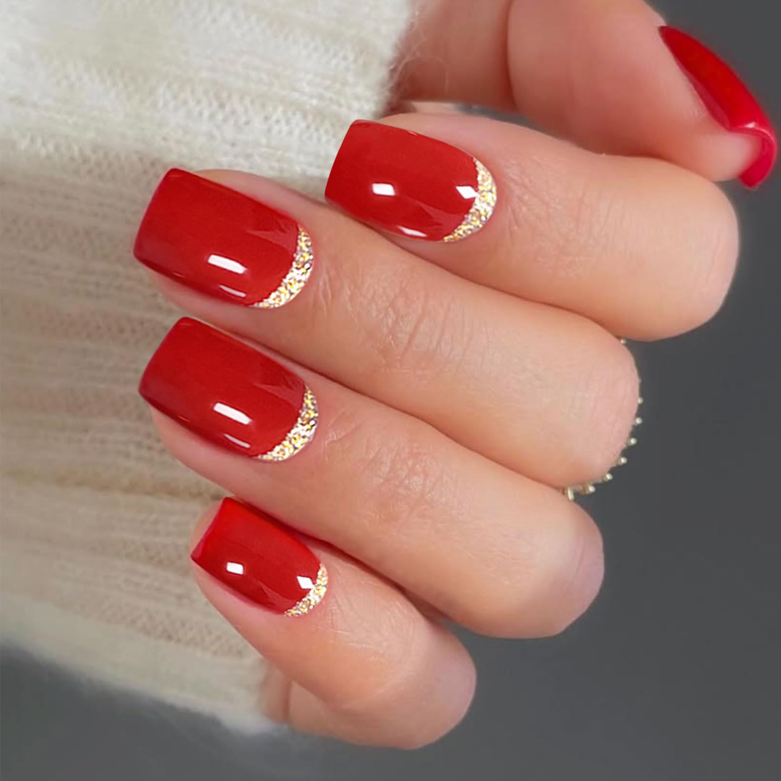 JMEOWIO Gel Nail Stickers Red Gold Glitter French Tip Semi Cured Gel Nail Strips Wraps UV/LED Nails Art Design Decoration Accessories