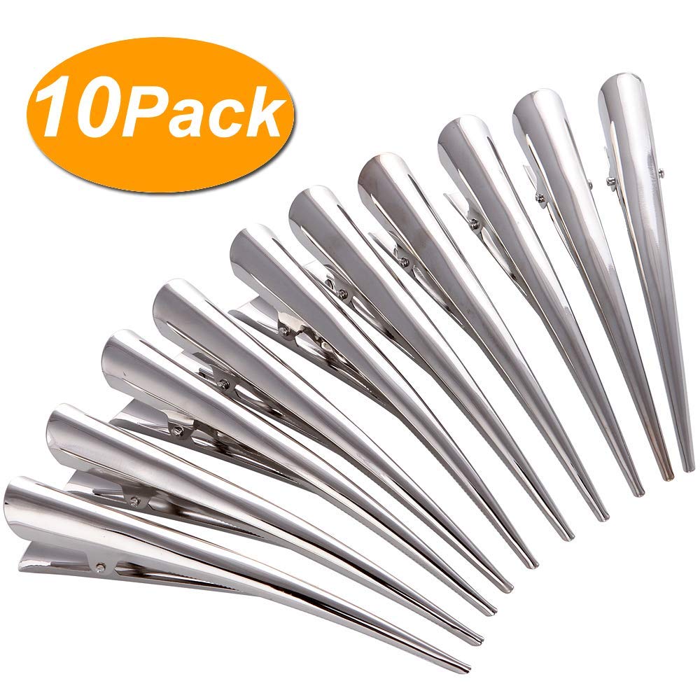 LONEEDY 10 Pack Duckbill Hair Clips with Teeth, Metal Alligator Curl Clips with Holes for Hair Styling, Non-slip Hair Barrettes Hair Grip DIY Accessories (Large, Silver)